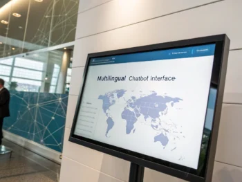 Interfaz de chatbot multilingüe en una pantalla digital presentando opciones de idioma y un saludo, con fondo de un mapa mundial y líneas de red digital.