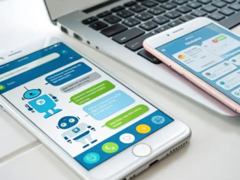 Mejores prácticas para chatbots multicanal: integración de plataformas y soporte omnicanal para una atención al cliente 24/7 Interfaz de un chatbot mostrando interacciones en una aplicación de mensajería, un pop-up en un sitio web y una aplicación móvil, con un diseño colorido y organizado de manera simétrica.