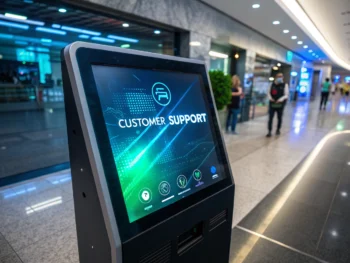 Interfaz de chatbot futurista en un terminal de soporte. Presenta colores azules y verdes, con un diseño moderno y simétrico.