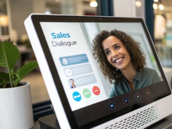 Interfaz de chatbot inteligente con un asistente virtual amigable en una plataforma de comercio electrónico moderna, rodeado de burbujas de conversación en un entorno limpio y colorido.