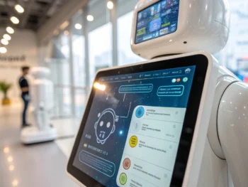 Interfaz de chatbot futurista en pantalla digital con gráficos dinámicos y colores vibrantes, resaltando la interacción avanzada entre humanos y máquinas.