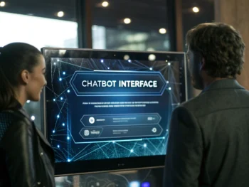Interfaz avanzada de chatbot en una pantalla digital en un entorno de tecnología moderna, con interacciones dinámicas y patrones de inteligencia artificial de fondo.