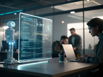 Cómo integrar chatbots en gestión de proyectos para optimizar colaboración interna y aumentar productividad con inteligencia artificial Interfaz futurista de chatbot en una pantalla digital semi-transparente en un moderno entorno de oficina.