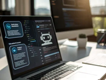Interfaz de chatbot futurista en una pantalla digital en un entorno de oficina moderna, con diálogo interactivo y análisis de datos.