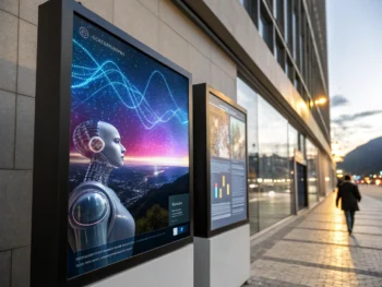 Interfaz de chatbot futurista con visualizaciones de datos analíticos y un fondo digital lleno de energía, enmarcada con patrones geométricos abstractos.