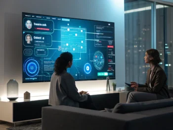 Interfaz avanzada de chatbot en una pantalla digital en un entorno de oficina futurista, con iluminación vibrante y un enfoque en la comunicación interactiva.