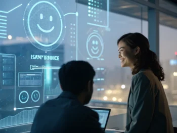 Interfaz de chatbot futurista en una pantalla digital en un entorno de servicio al cliente moderno, con elementos holográficos que representan un análisis emocional en un ambiente de alta tecnología.