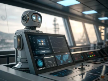 Uso de chatbots en empresas de energía para mejorar atención al cliente y optimizar recursos energéticos Interfaz digital de un chatbot en un entorno futurista, con pantallas de datos energéticos y gráficos en un control room moderno.