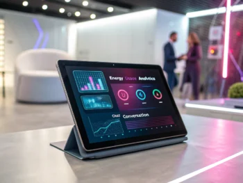 Pantalla de un dispositivo digital moderno mostrando una interface de chatbot con gráficos de análisis de uso de energía y una conversación en curso, en un entorno minimalista con iluminación suave.