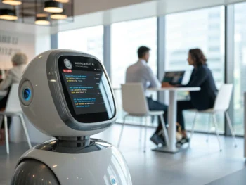 Integración de chatbots en logística empresarial: beneficios de automatizar la gestión de pedidos con inteligencia artificial Dispositivo de chatbot futurista en una oficina moderna, con pantalla digital que muestra mensajes de chat y muebles minimalistas alrededor.