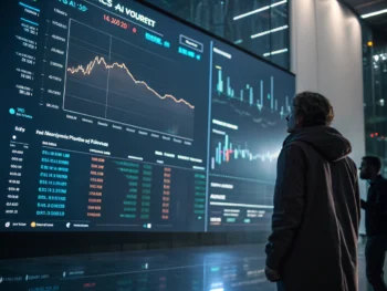 Interfaz de chatbot de inteligencia artificial mostrando datos de criptomonedas en una pantalla digital con gráficos y tendencias de mercado en un entorno financiero moderno.