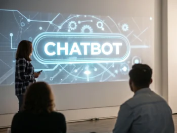 Chatbot holográfico mostrando respuestas en tiempo real en un entorno digital moderno y minimalista