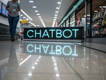 Interfaz de chatbot futurista en una tienda en línea minimalista, con texto digital brillante y fondo iluminado, enfatizando la tecnología y la comunicación eficiente.