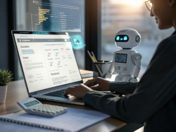 Chatbot inteligente en una interfaz virtual integrada con un sistema de facturación digital en un moderno espacio de trabajo, con datos financieros y facturas en la pantalla, todo bajo una iluminación nítida y tecnológica. {{brizy_dc_image_alt entityId=