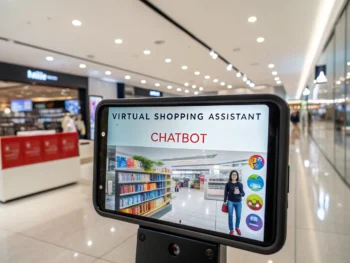 Impacto de los Chatbots en la Industria Minorista 2026: Tecnología AI y Automatización en Retail Asistente de compras virtual en la pantalla de un smartphone en un entorno de venta moderna, con íconos vibrantes y texto en una interfaz digital, simbolizando una experiencia de usuario interactiva.