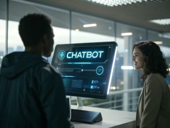 Interfaz de chatbot futurista en una pantalla digital de una oficina moderna, mostrando burbujas de texto conversacional sobre un fondo con iluminación suave.