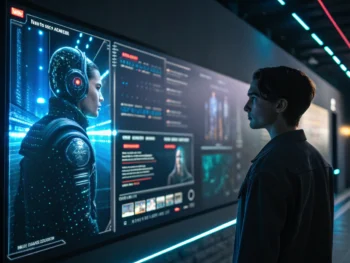 Interfaz futurista de chatbot en pantalla digital, mostrando conversación activa con elementos holográficos y flujos de datos, en un estilo tecnológico con colores vibrantes.
