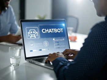 Interfaz de chatbot en un dispositivo digital moderno, destacando la conversación interactiva en un entorno minimalista y profesional con iluminación ambiental.