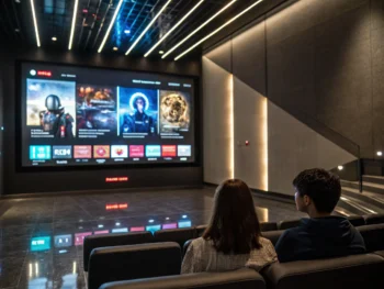 Interfaz de chatbot futurista en una pantalla digital en un vestíbulo de cine moderno, con iconos vibrantes de opciones de películas. {{brizy_dc_image_alt entityId=