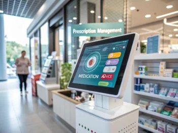 Interfaz futurista de un chatbot de farmacia en una pantalla táctil colorida, con un fondo desenfocado que sugiere un entorno de farmacia moderna.