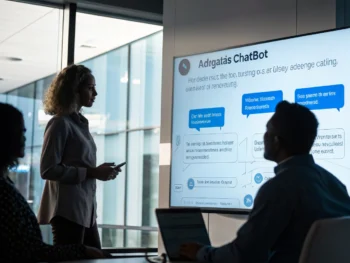Interfaz de un chatbot adaptativo en un entorno de oficina, mostrando burbujas de conversación interactivas en una pantalla digital moderna, iluminada con un suave resplandor.