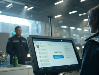 Interfaz de chatbot moderna en una pantalla, ubicada en una sala de control de logística futurista, resaltando la conversación digital en un entorno minimalista. {{brizy_dc_image_alt entityId=