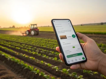 Interfaz de un chatbot agrícola en un smartphone con un campo al amanecer desenfocado detrás.