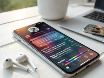 Interfaz de un chatbot de música digital en un smartphone, con mensajes vibrantes y botones interactivos en un espacio de trabajo moderno y minimalista.