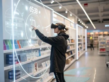 Persona con casco de realidad virtual participando en una experiencia de compra en línea, rodeado por un entorno digital con productos futuristas, iluminado por una suave luz difusa.