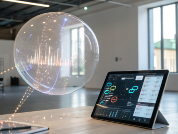 Burbuja de chatbot luminosa y translucida con fragmentos de mensajes, fluyendo datos ópticos hacia un panel de control holográfico en una tablet, en un entorno de oficina pequeño y desenfocado.